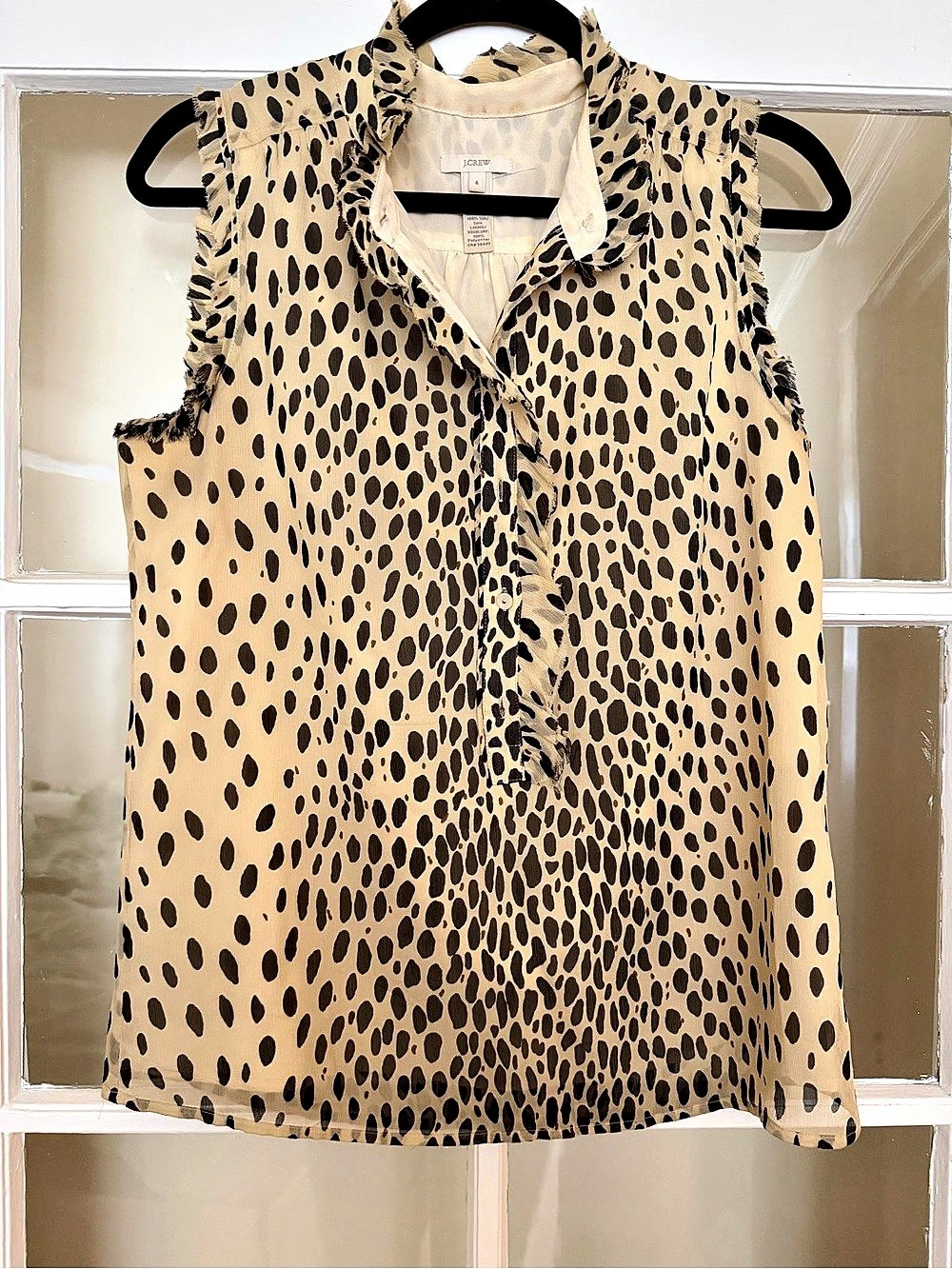 J.Crew Silk Leopard Ruffle Shell Top Animal Print Blouse Brown & Black XS